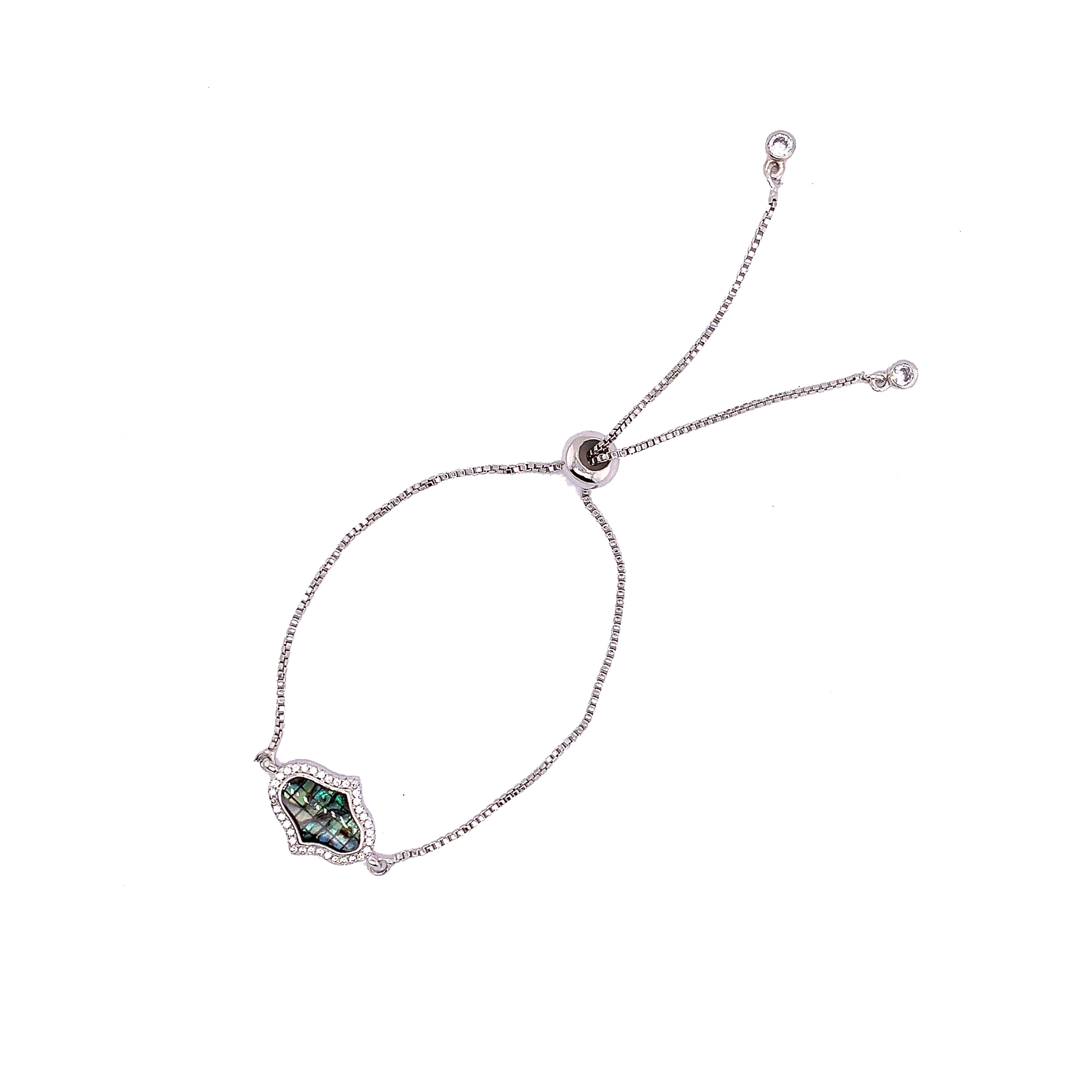 Adjustable Bracelet with Abalone Hamsa Charm - Silver Plated
