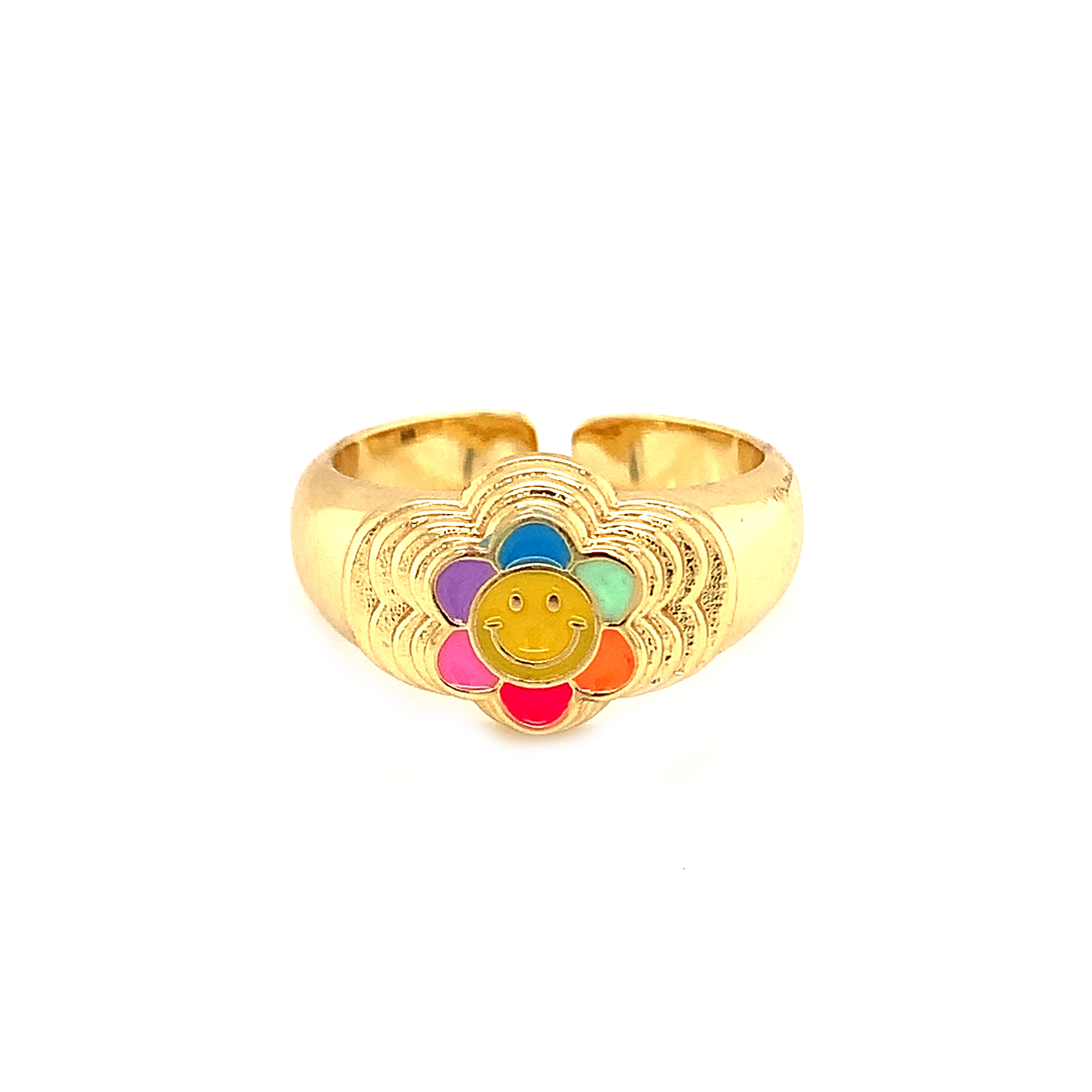 Multicolor Enamel Smiley Ring - Gold Plated