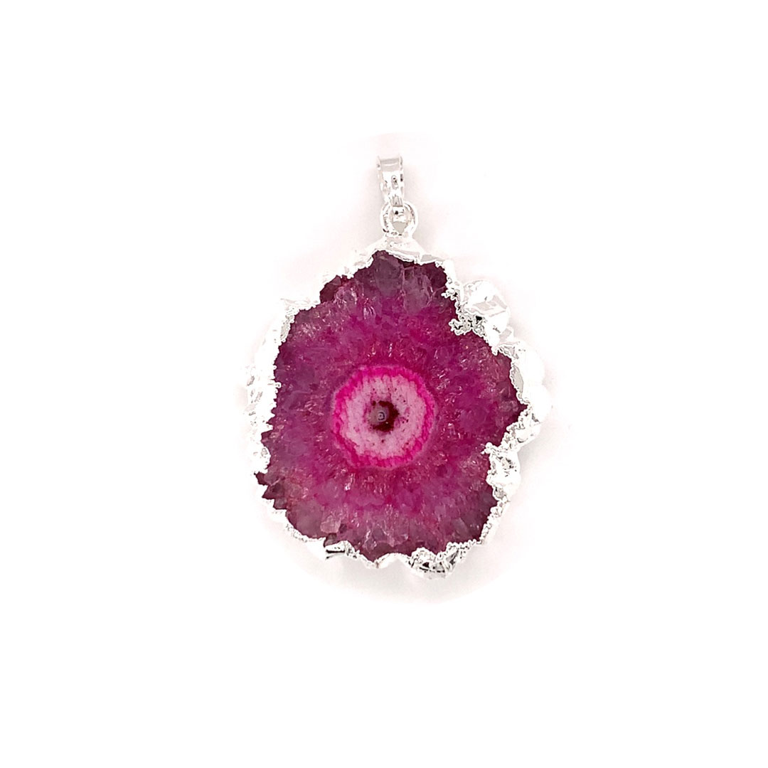 Pink Agate Slice Pendant - Silver Plated