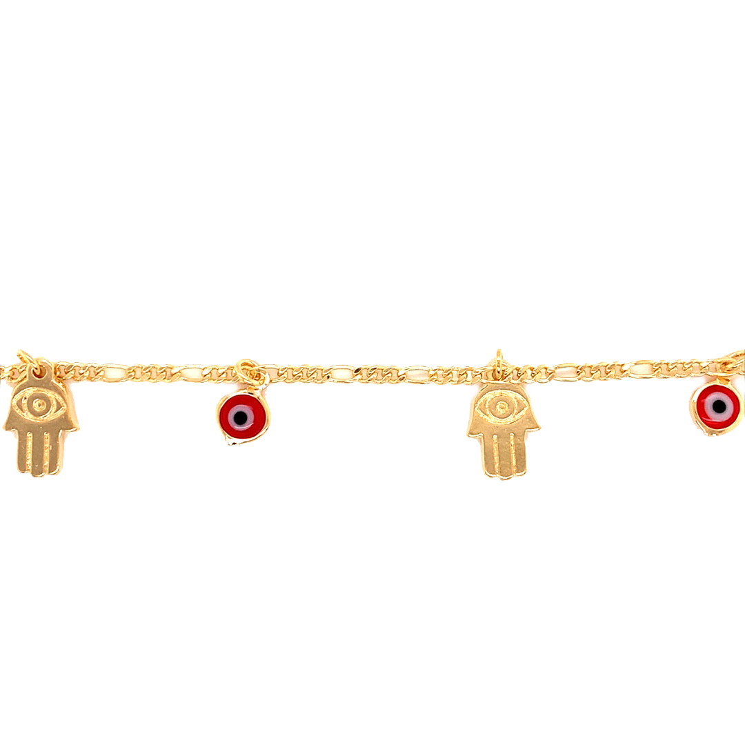 Red Evil Eye & Hamsa Figaro Bracelet - Gold Filled