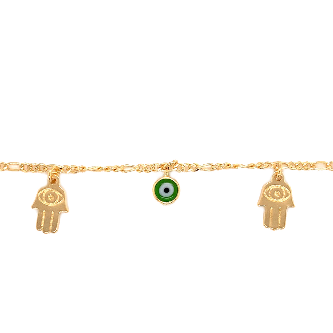 Green Evil Eye & Hamsa Figaro Bracelet - Gold Filled