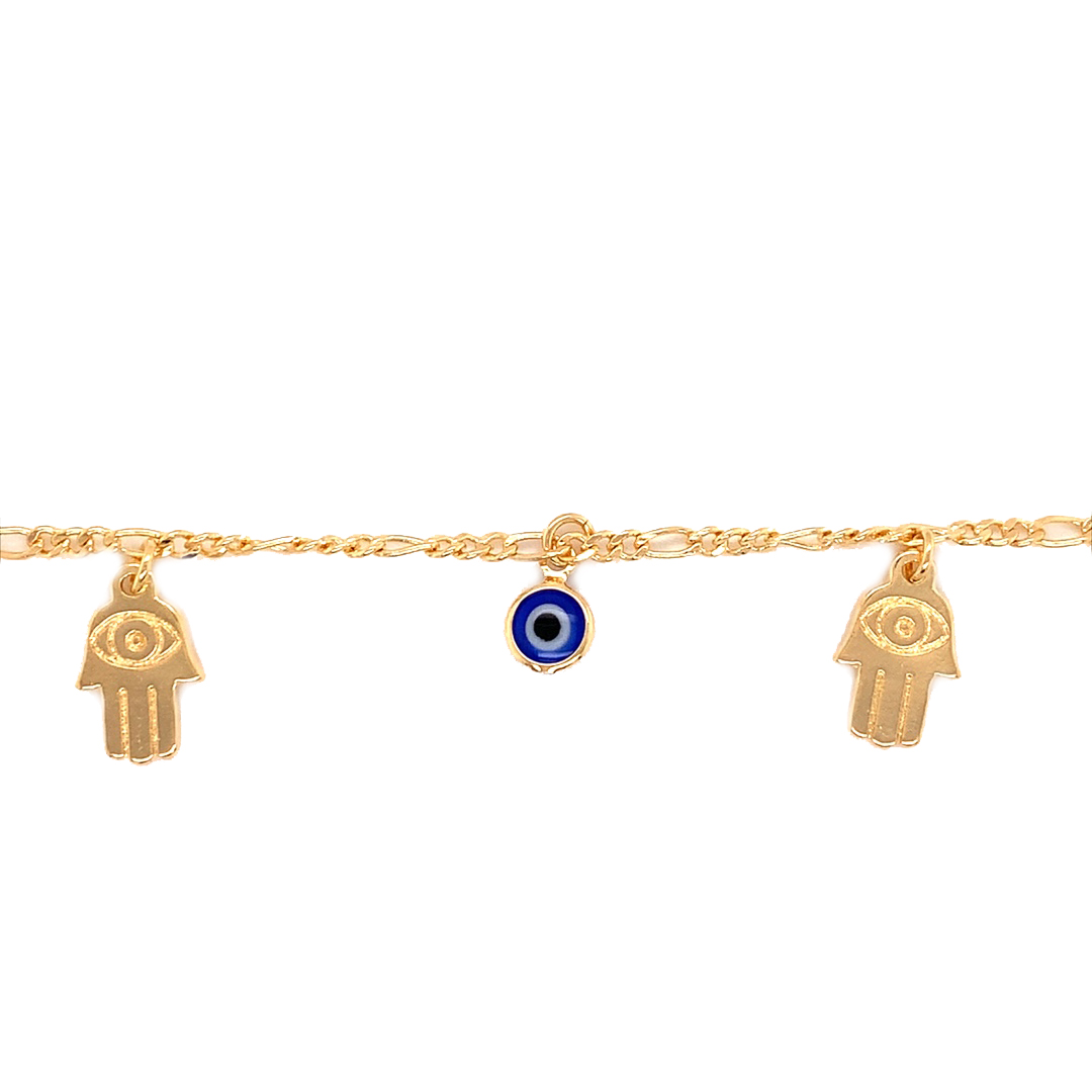 Blue Evil Eye & Hamsa Figaro Bracelet - Gold Filled