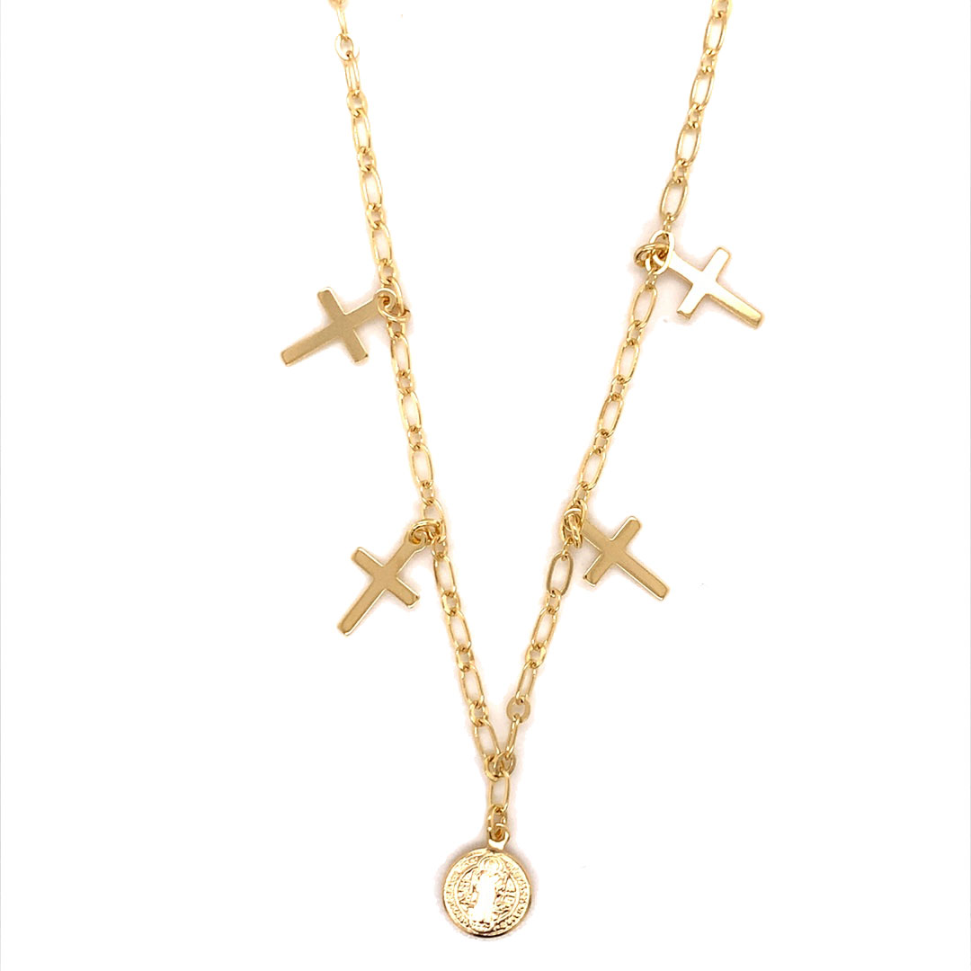 Saint Benedict and Cross Charm Necklace - Gold Filled