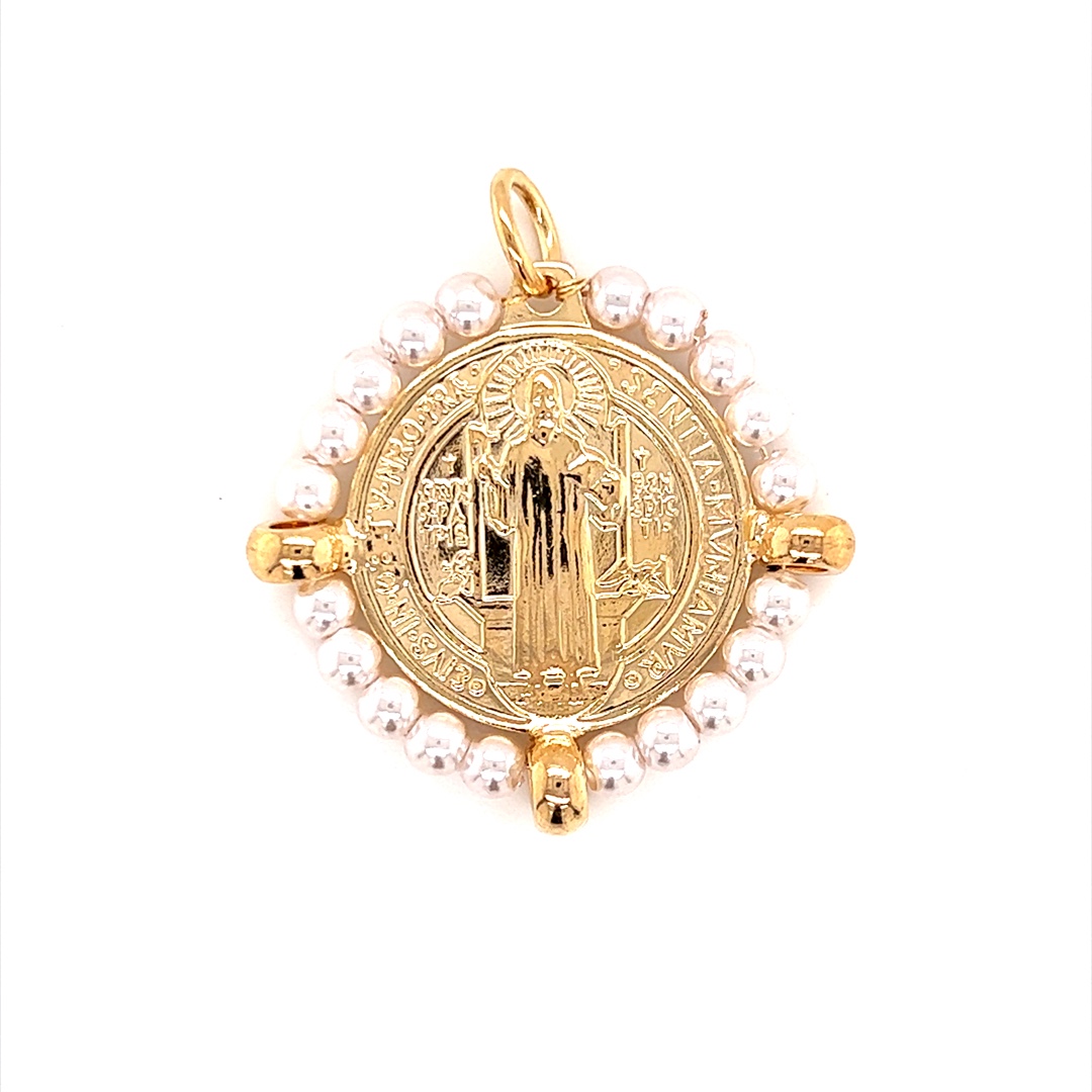 Saint Benedict Charm with Pearl Border - Gold Filled
