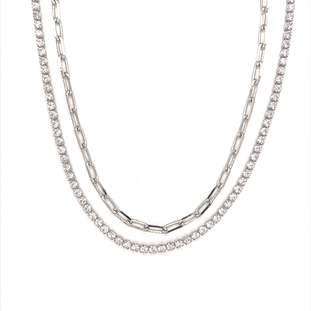 Layered Tennis Paperclip Necklace - Silver