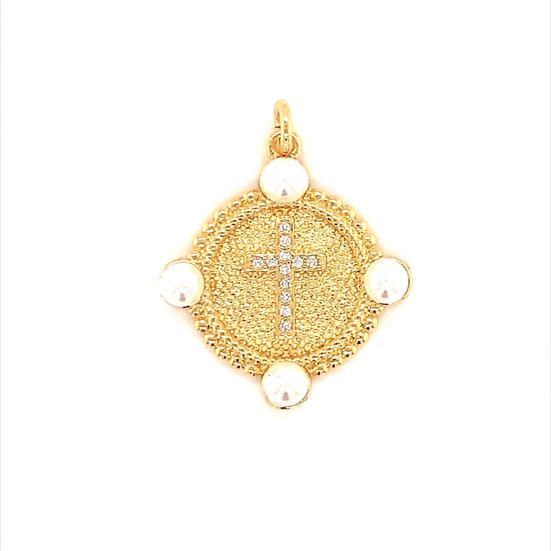 Pearl CZ Cross Charm - Gold Plated
