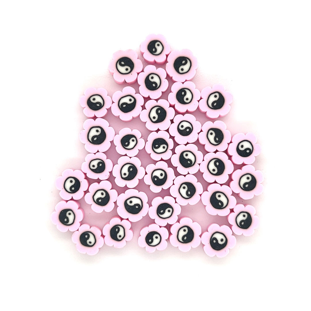 Pink Flower Yin Yang Polymer Clay Beads - Approx. 100 pcs