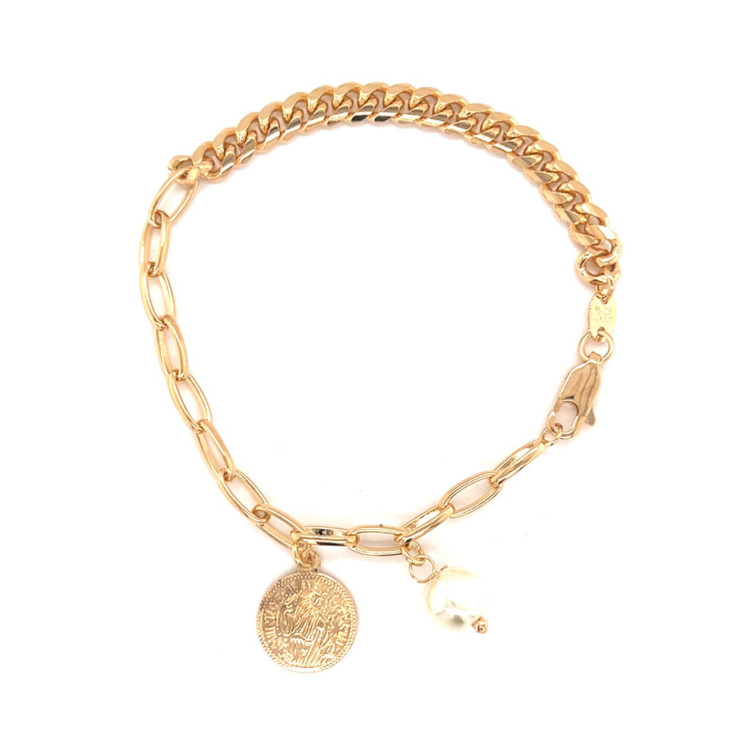 Curb/Paperclip Bracelet with Dangling Coin & Pearl - 7.5" - Gold Filled