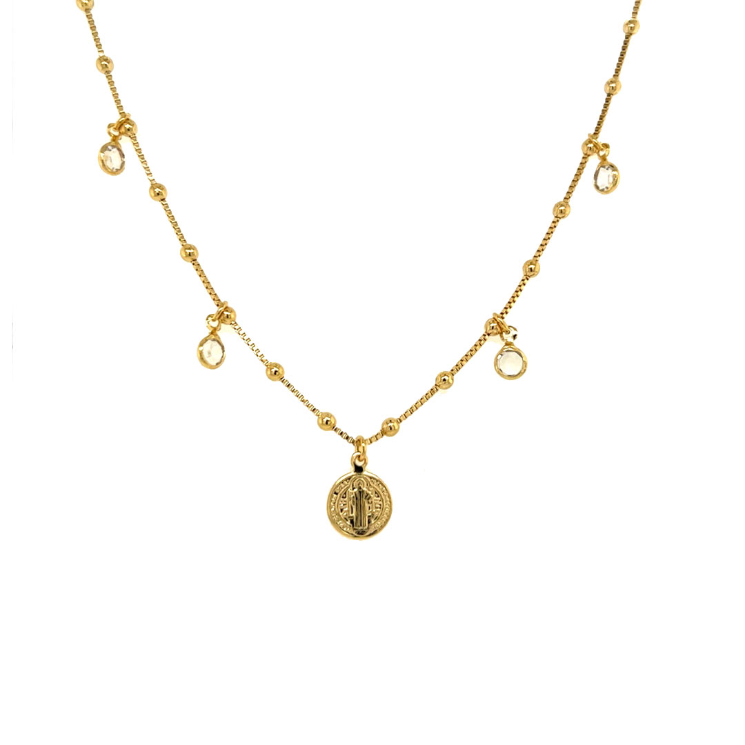 Beaded Box Chain with CZ Accents & St. Bendict Charm - Gold Filled