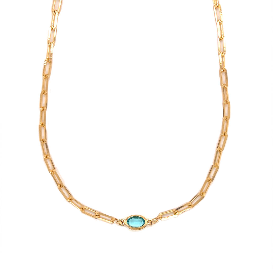 16" Paperclip Chain with Aqua Gemstone Accent - Gold Filled