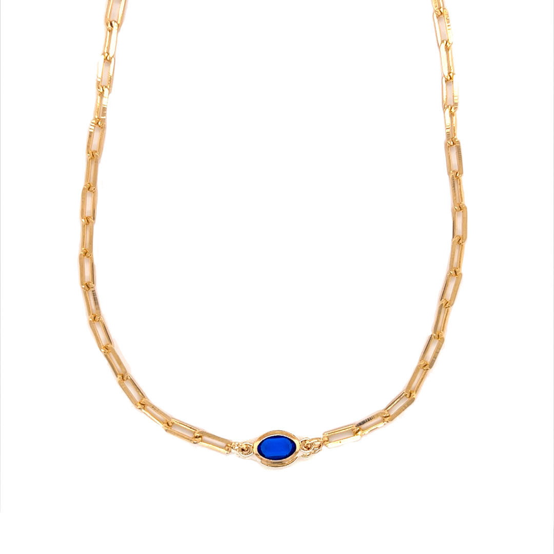 16" Paperclip Chain with Blue Gemstone Accent - Gold Filled