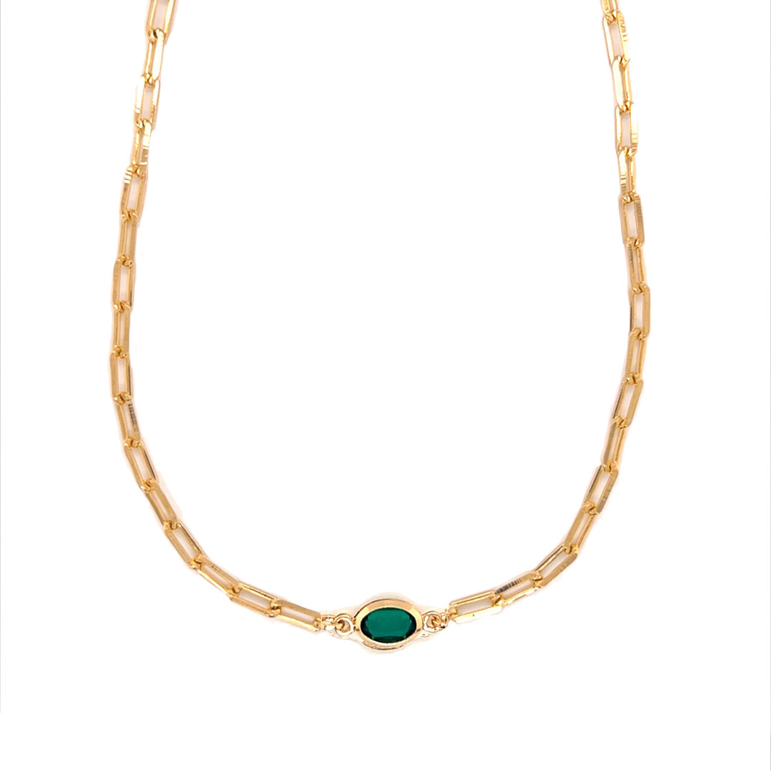 16" Paperclip Chain with Green Gemstone Accent - Gold Filled