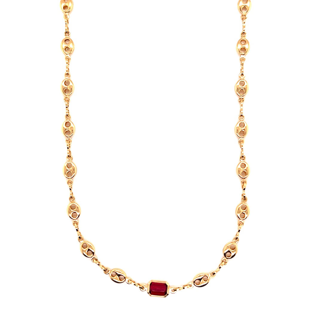 16" Puff Link Chain with Red Gemstone Accent - Gold Filled
