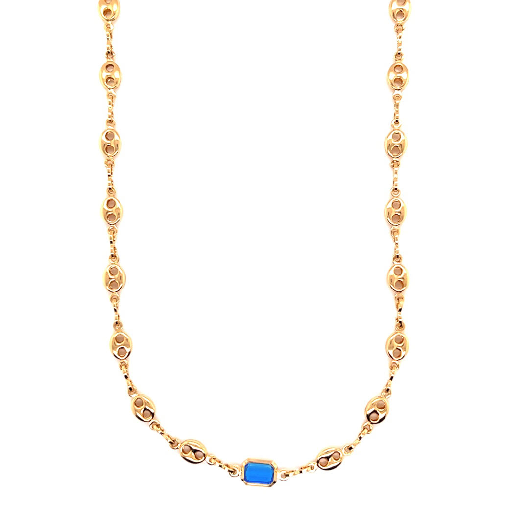 16" Puff Link Chain with Blue Gemstone Accent - Gold Filled