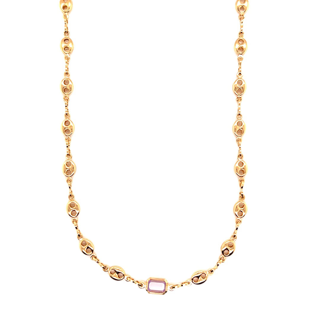 16" Puff Link Chain with Purple Gemstone Accent - Gold Filled