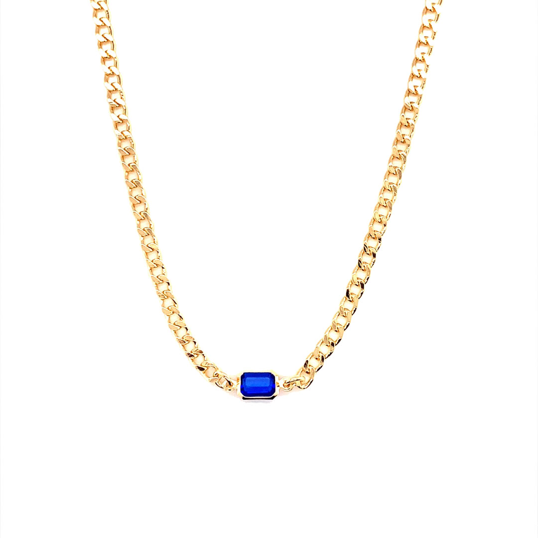 16" Curb Chain with Blue Gemstone Accent with 2" Extension - Gold Filled