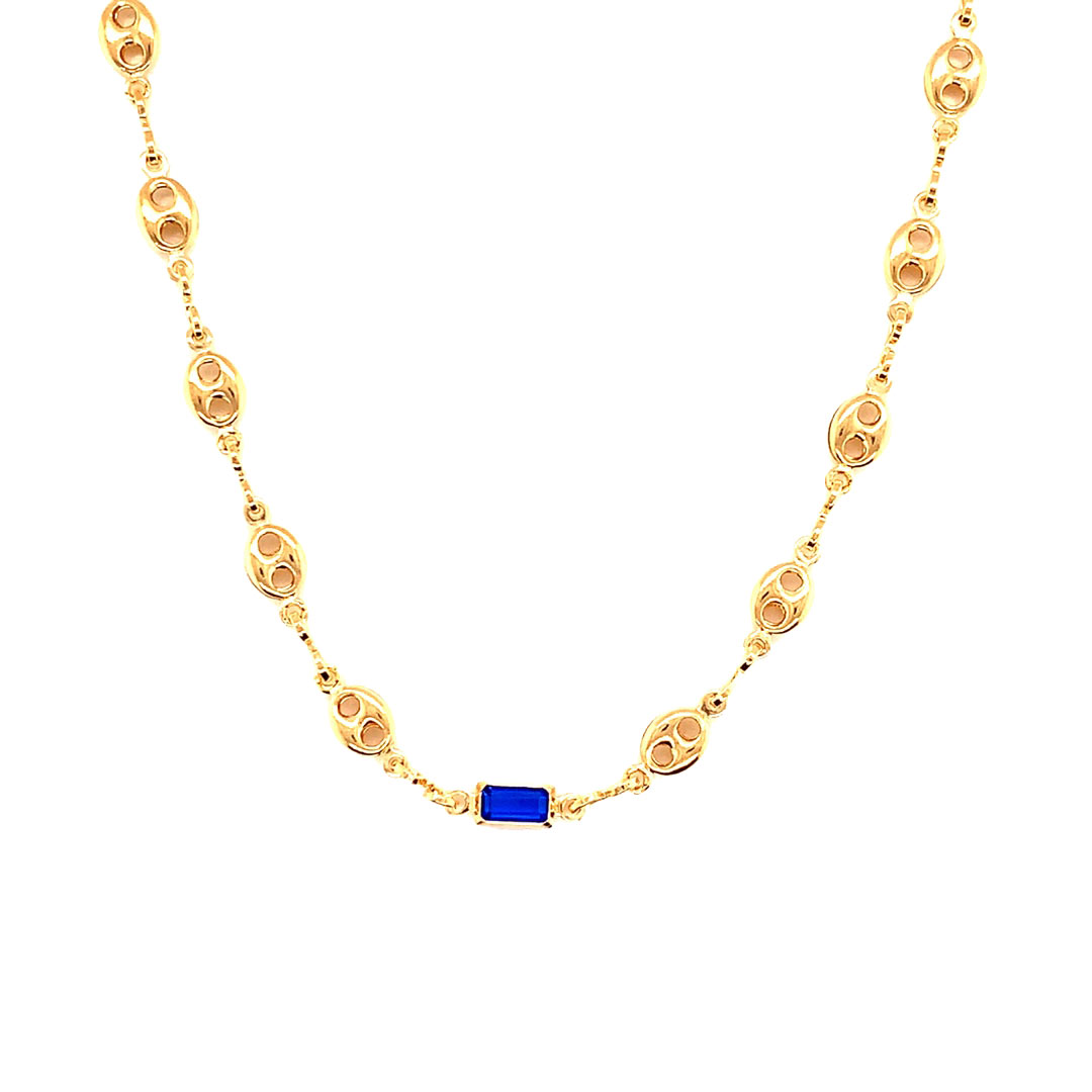 16" Puff Necklace with Blue Gemstone Accent with 2" Extension - Gold Filled