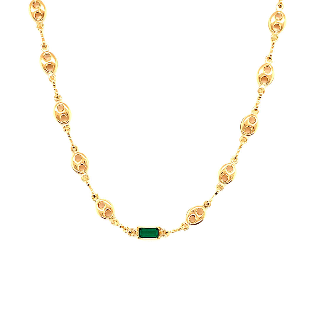 16" Puff Necklace with Emerald Gemstone Accent with 2" Extension - Gold Filled