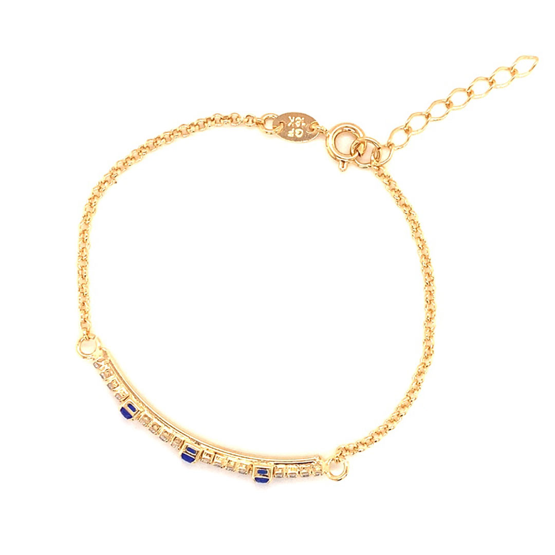 Blue CZ Bar Chain Bracelet - 6.5" + 1" Extension - Gold Filled