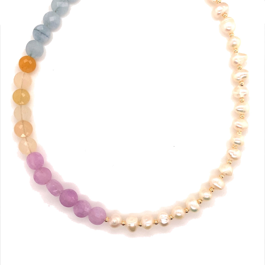16.5" Pearl & Gradient Gemstone Necklace - Gold Plated
