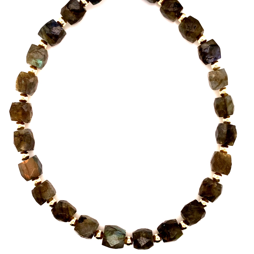 15" 8mm Labradorite Gemstone Necklace - Gold Plated
