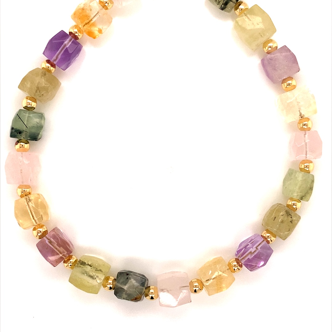 15" 8mm Mixed Quartz Gemstone Necklace - Gold Plated