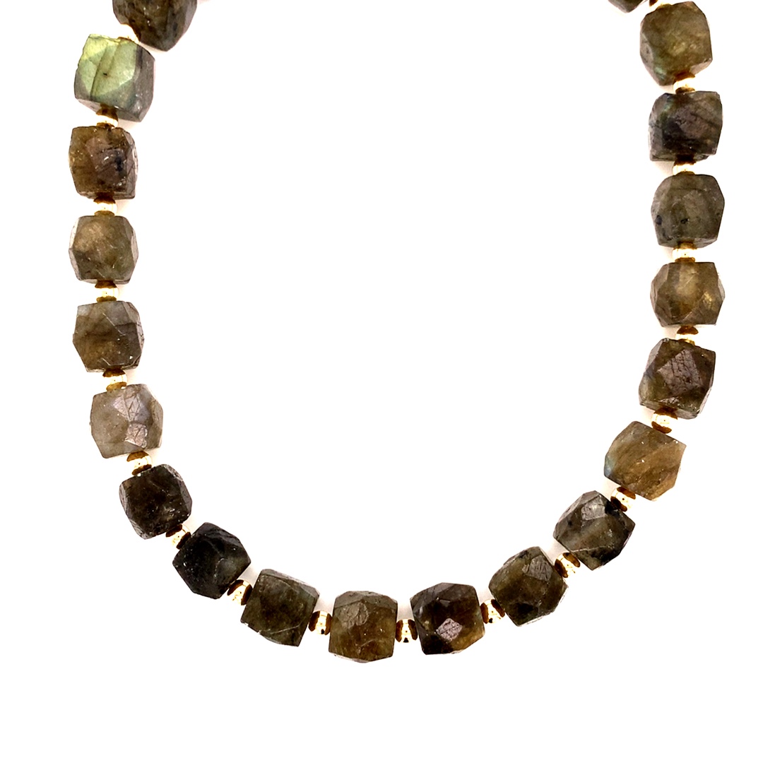 15" 10mm Labradorite Gemstone Necklace - Gold Plated