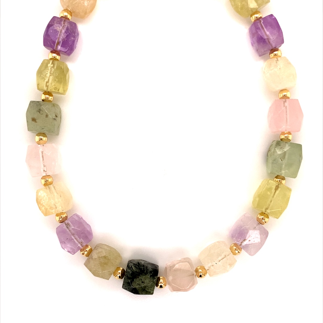 15" 10mm Mixed Quartz Gemstone Necklace - Gold Plated