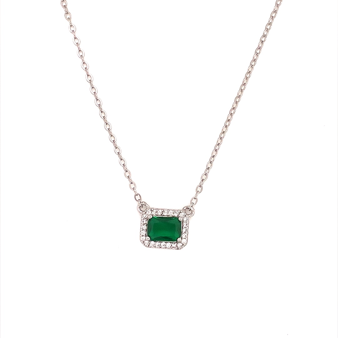 Brass Emerald CZ Necklace - Silver Plated