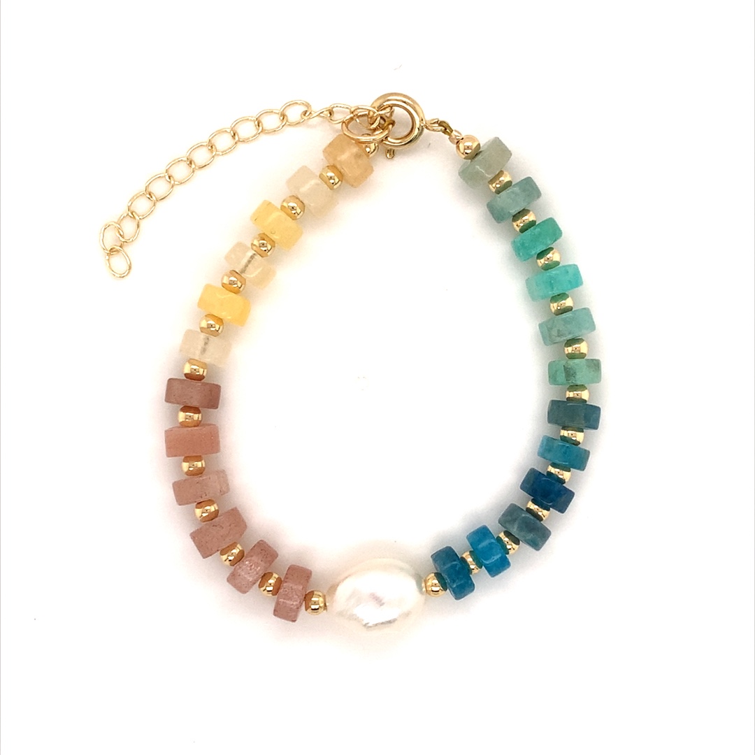 Gradient Gemstone Bracelet with Pearl Accent- 6.5" - Gold Plated