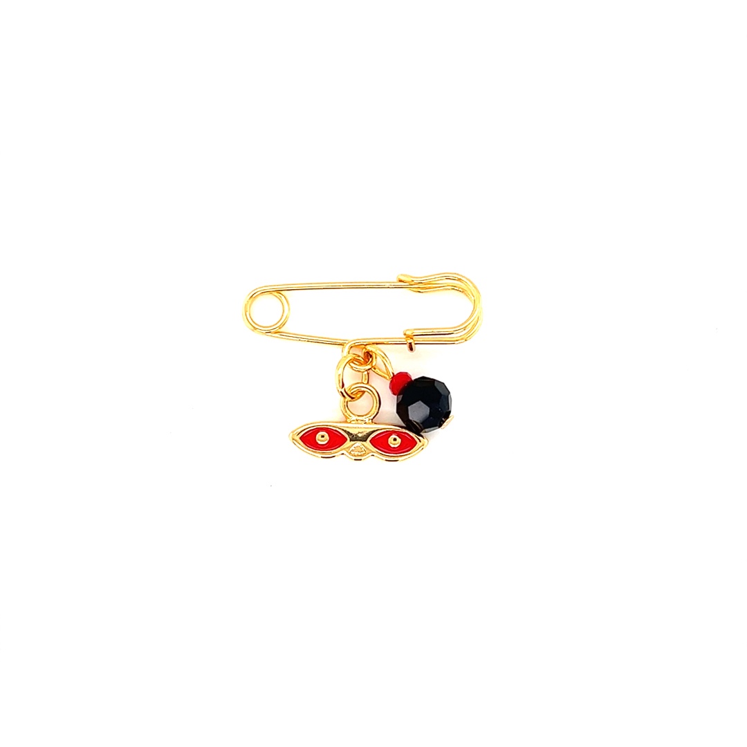 Red Saint Lucia Eyes with Black Crystal Pin - Gold Filled