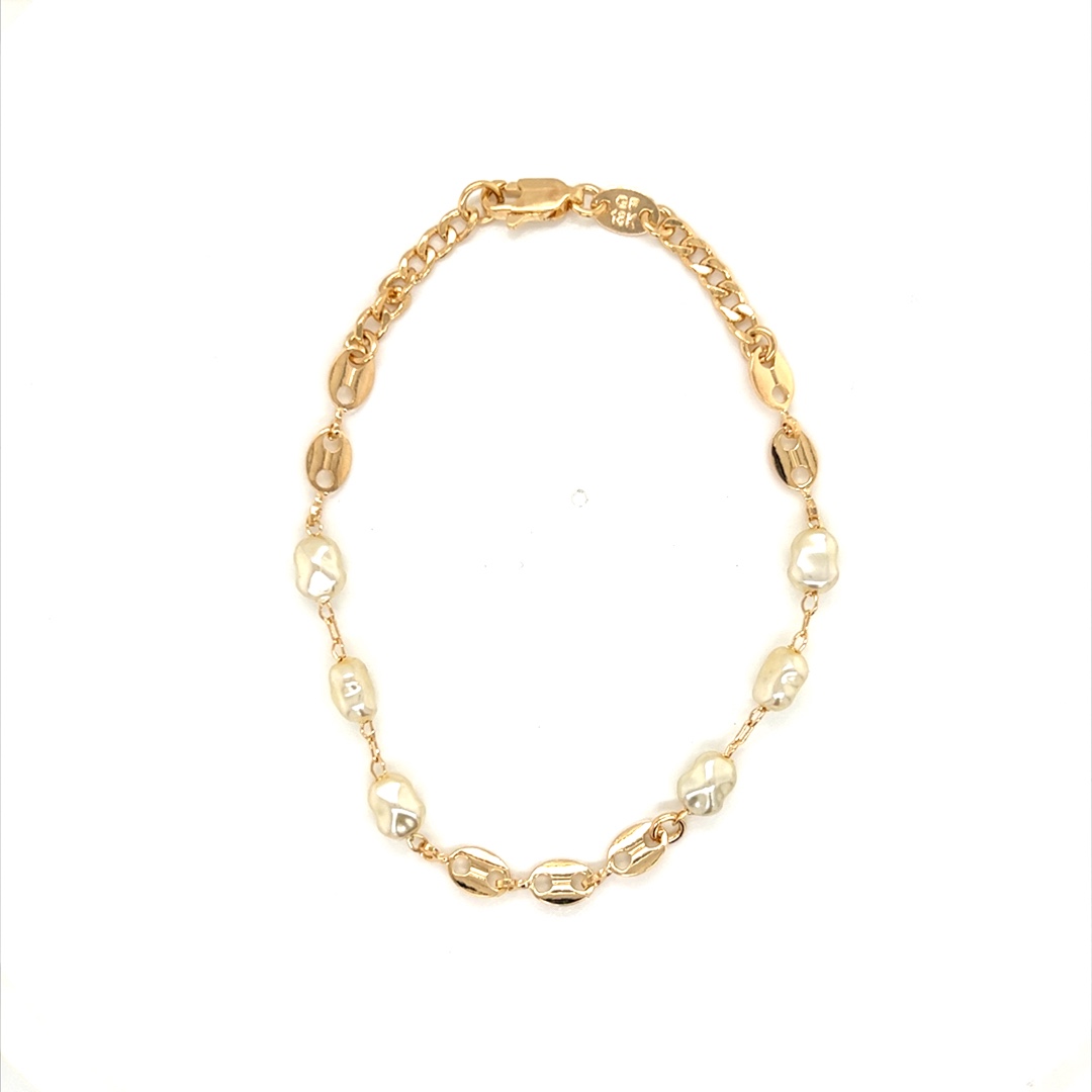 Curb Bracelet with Faux Pearl Accents 7.5" - Gold Filled
