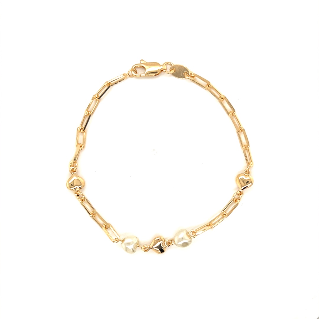 Paperclip Bracelet with Faux Pearls & Heart Accents 7.5" - Gold Filled