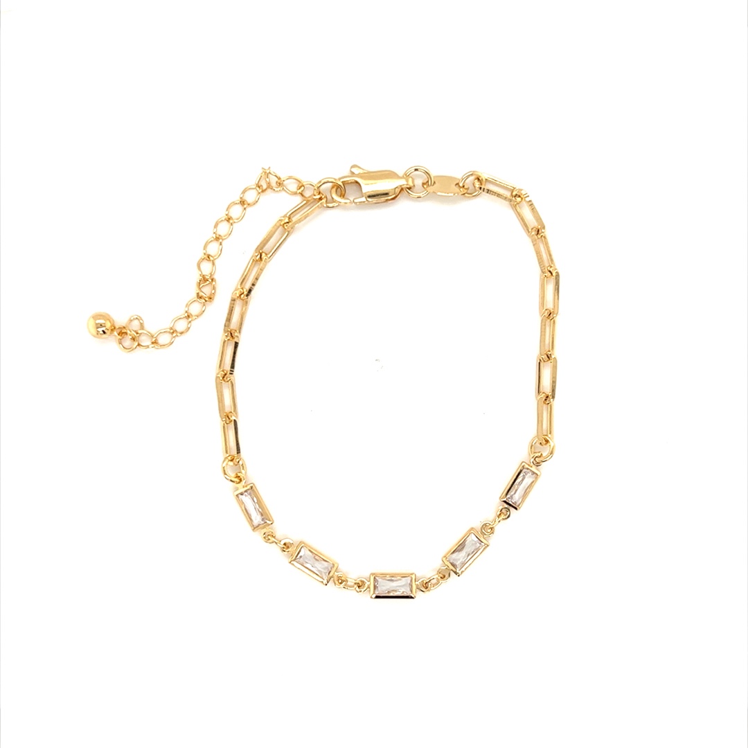 Paperclip Bracelet with CZ Rectangle Accents 7" + 2" Extension - Gold Filled