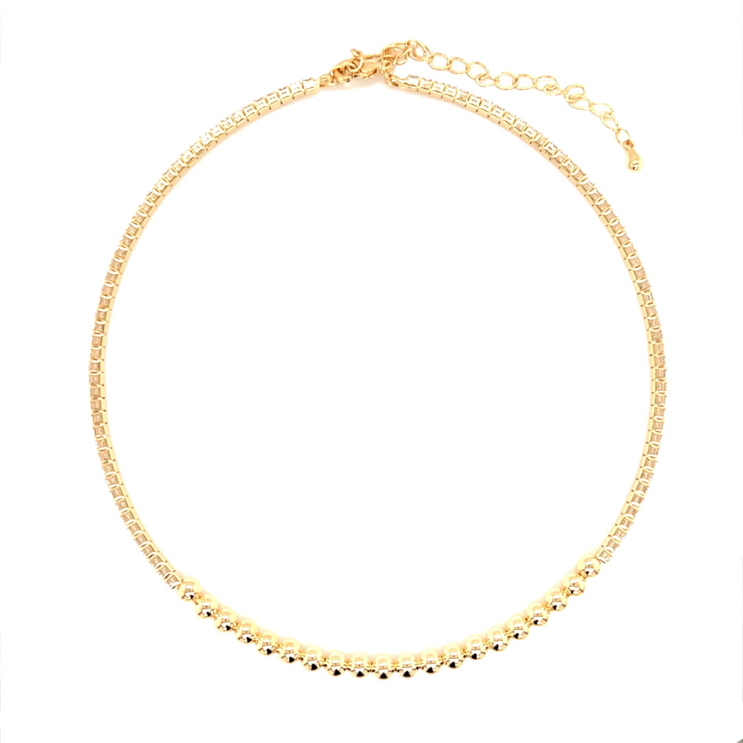 Tennis and Bead Choker with 3" Extension - Gold Plated