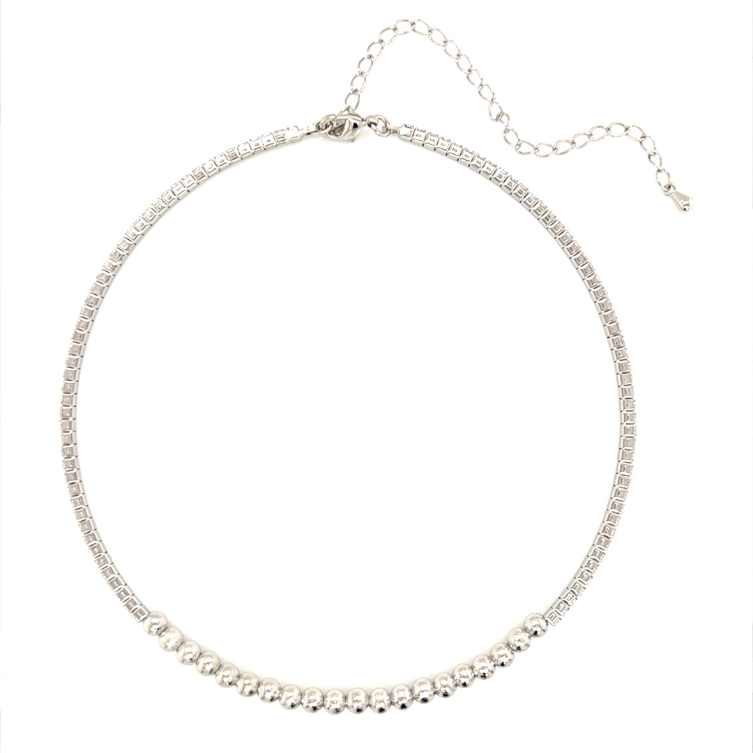 Tennis and Bead Choker with 3" Extension - Silver Plated