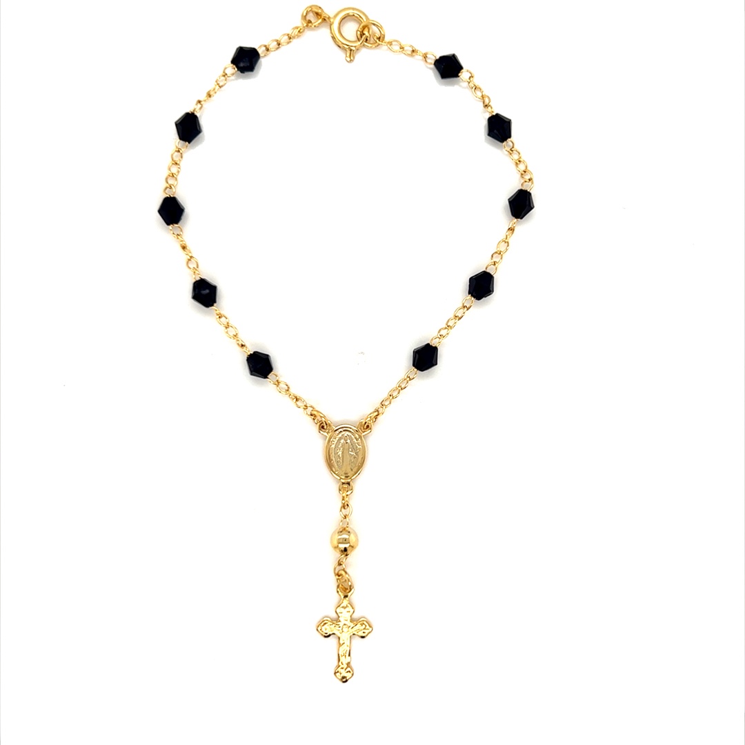 Miraculous Medal Black Crystal Rosary Bracelet - Gold Filled