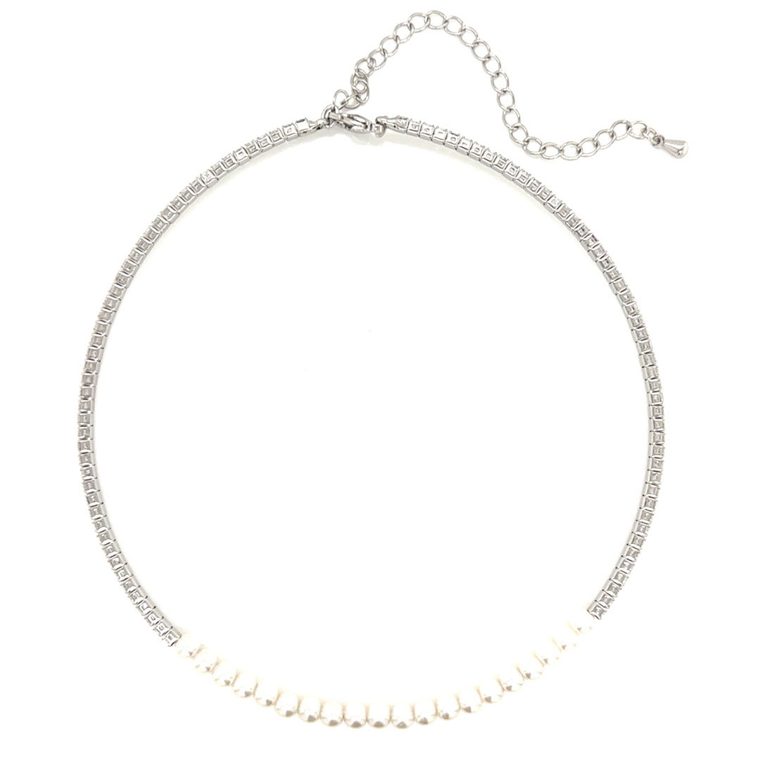 Tennis and Pearl Choker with 3" Extension - Silver Plated