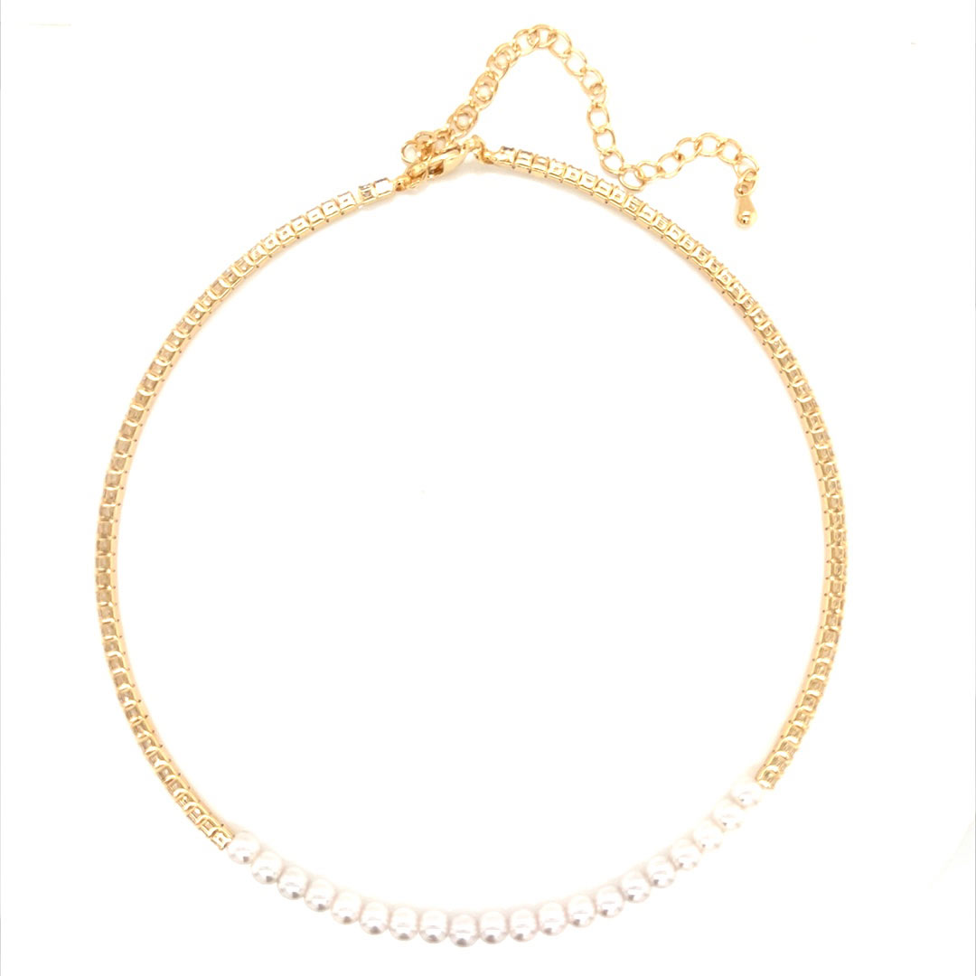 Tennis and Pearl Choker with 3" Extension - Gold Plated