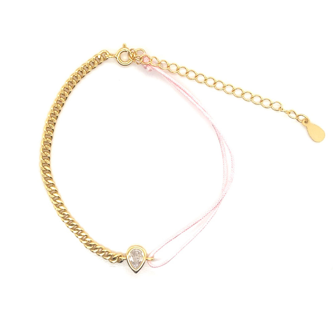 Light Pink Curb Bracelet with Teardrop Accent - 2" Extension - Gold Plated