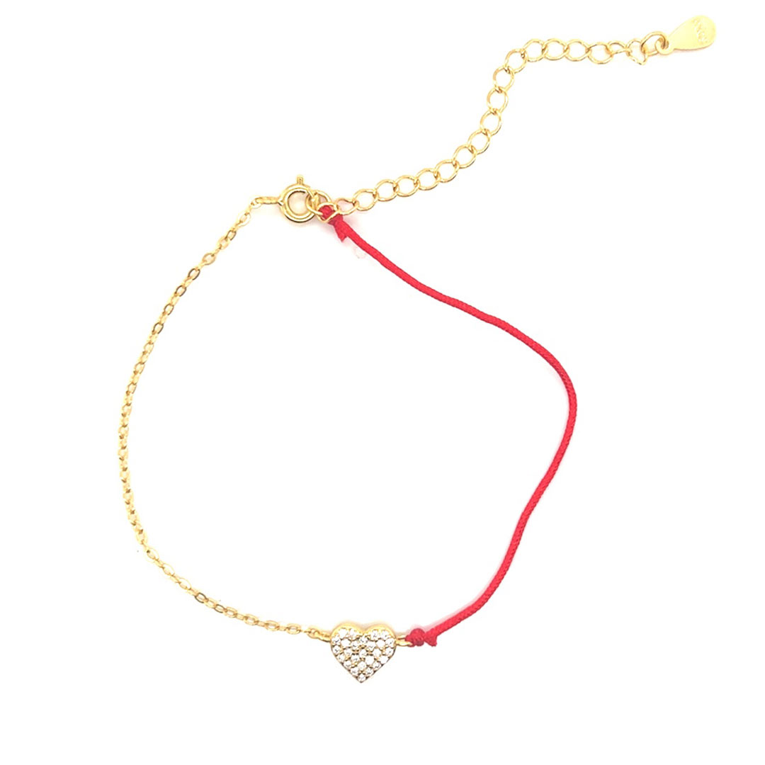 Red Cable Bracelet with CZ Heart Accent - 2" Extension - Gold Plated