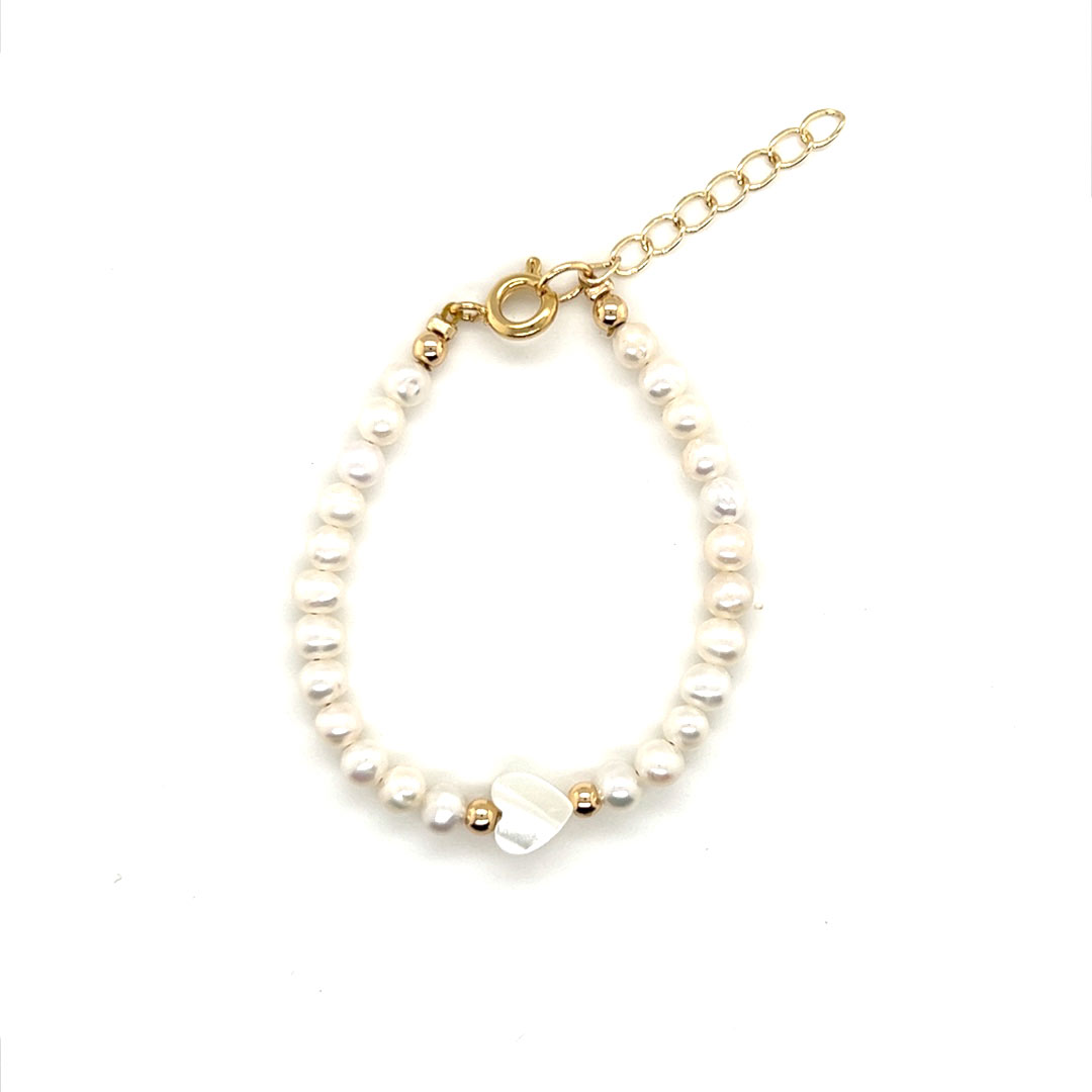 4mm Pearl Beaded Bracelet with Heart Accent - 4.5" + 1" Extension
