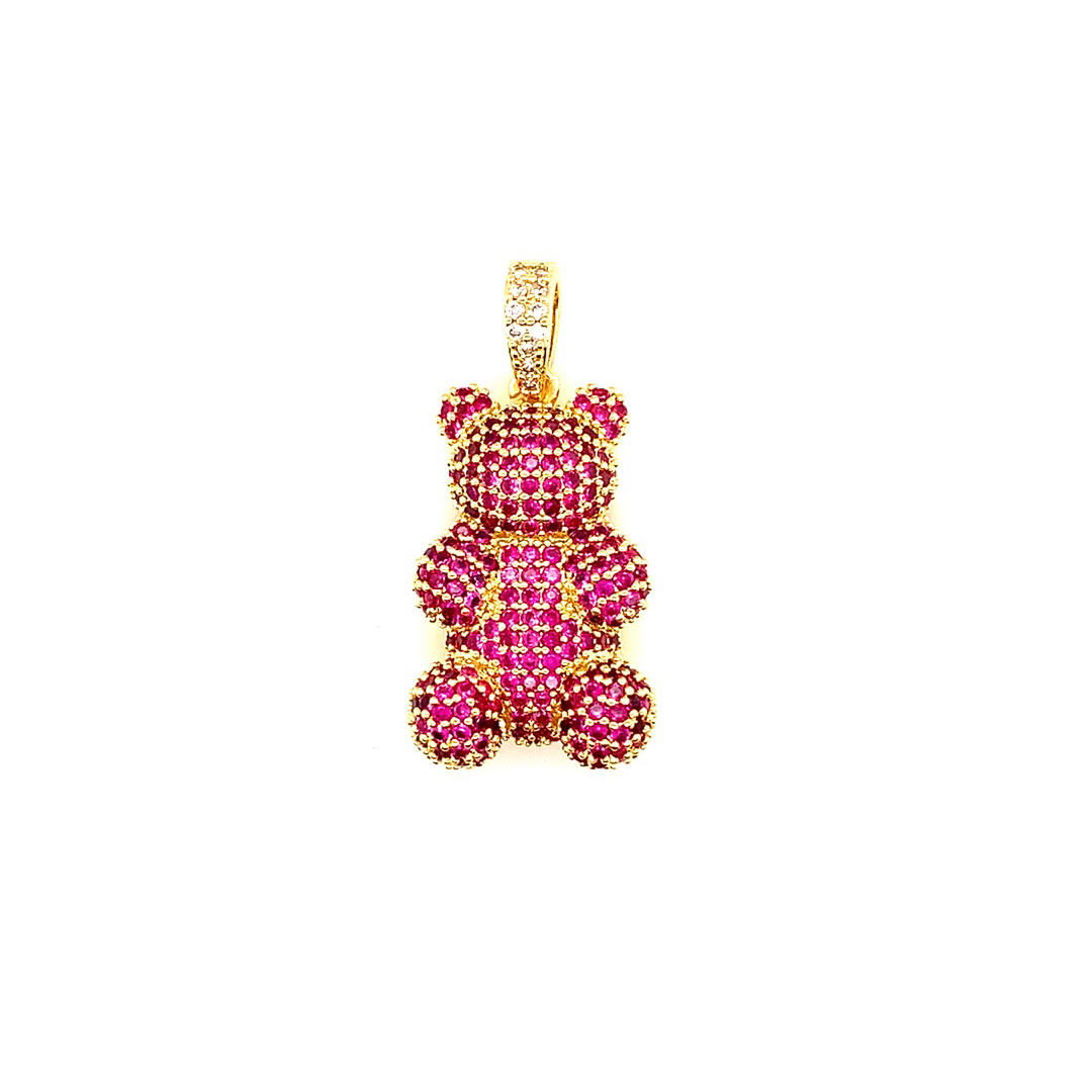 Pink CZ Teddy Bear Pendant - Gold Plated