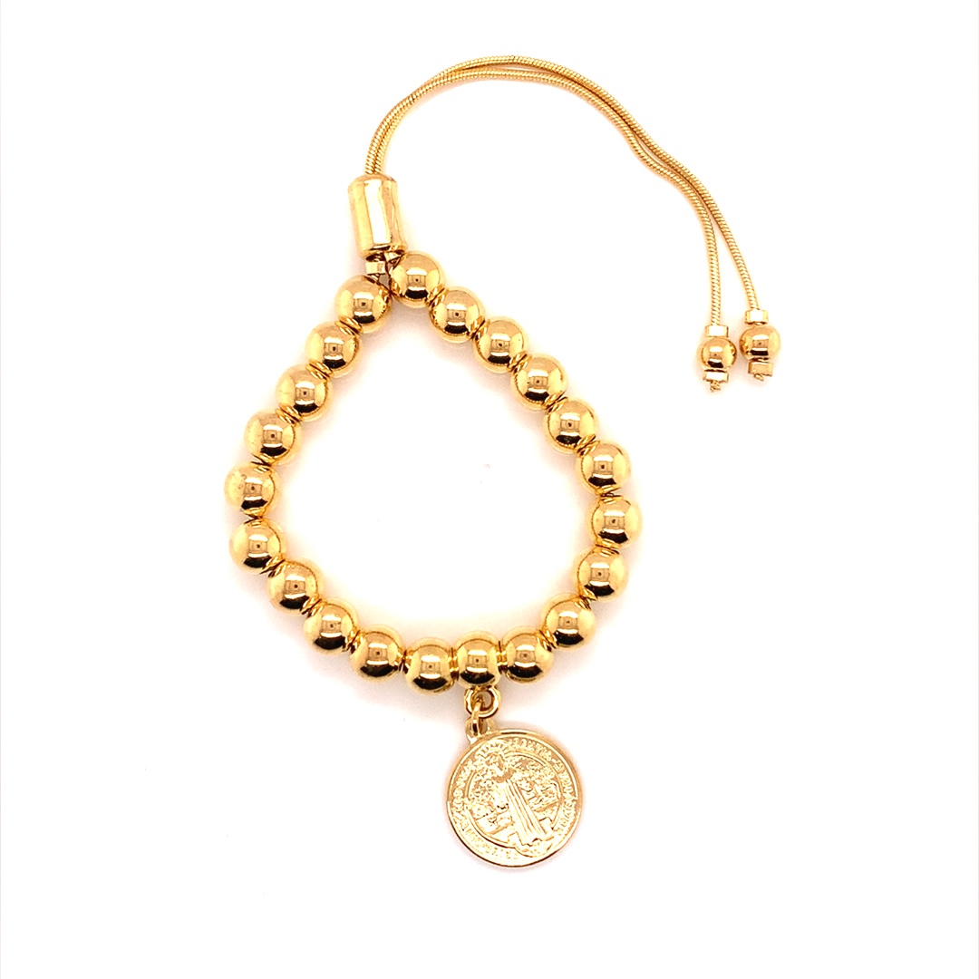 6mm Gold Filled Adjustable Beaded Bracelet with Saint Benedict Charm