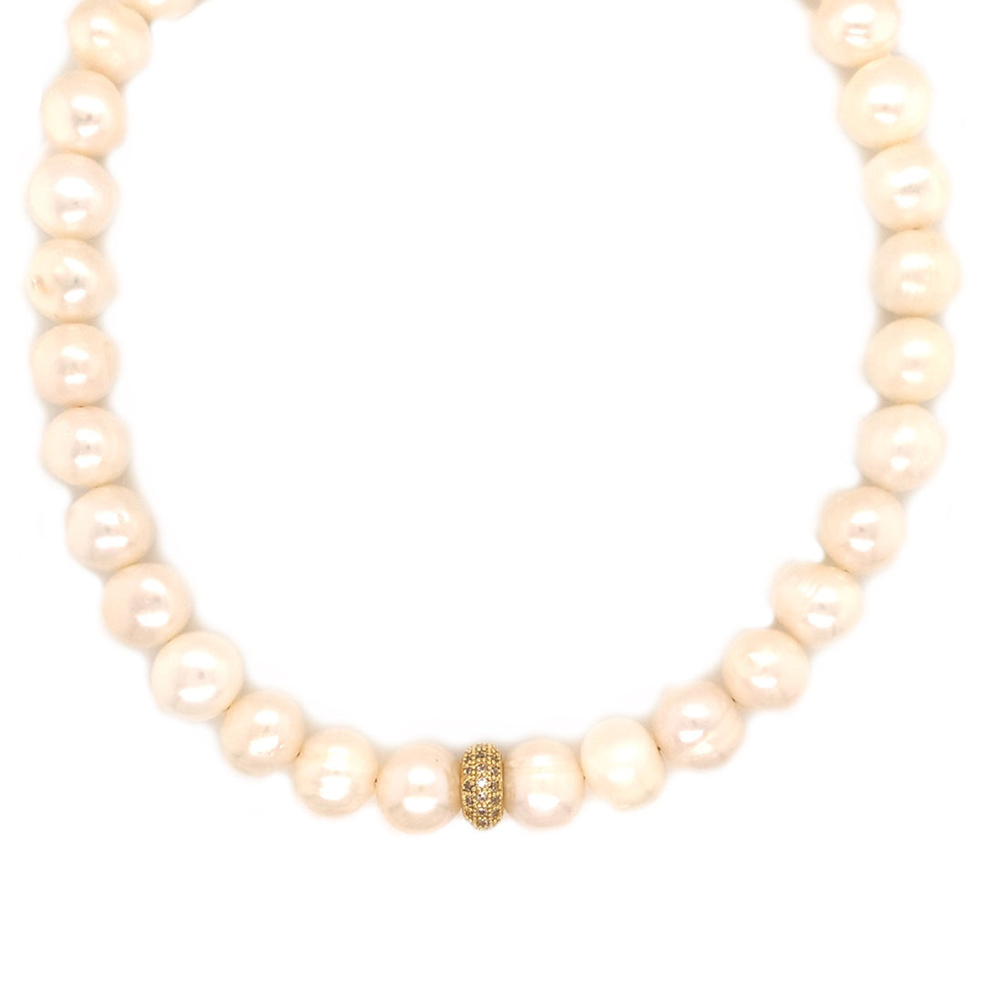 15" Freshwater Pearl Necklace with CZ Rondelle - Gold Plated