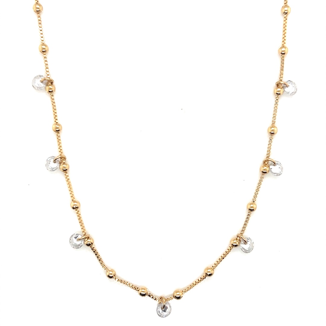 14.25" Box Ball Chain with Dangling Crystals - Gold Filled