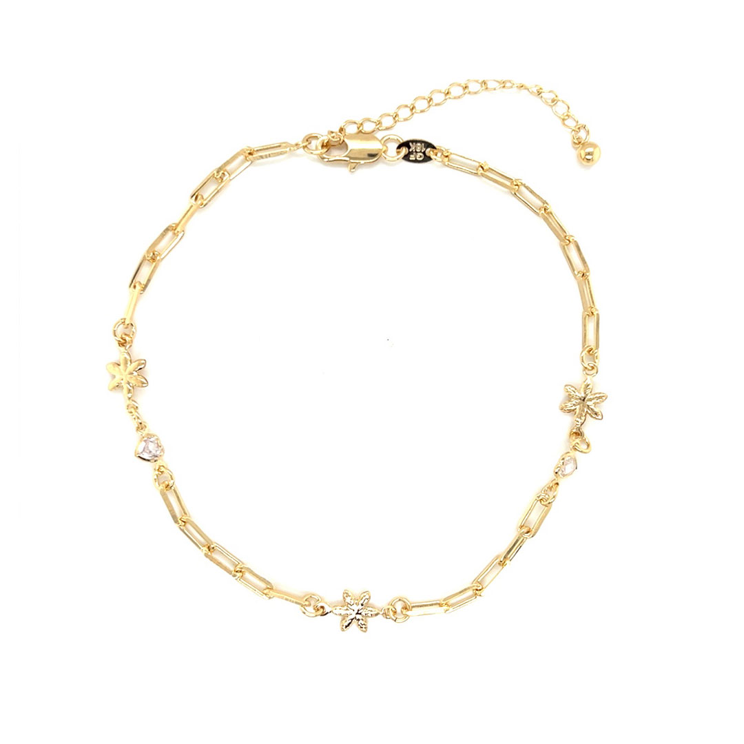 Paperclip Flower & CZ Heart Anklet - Gold Filled