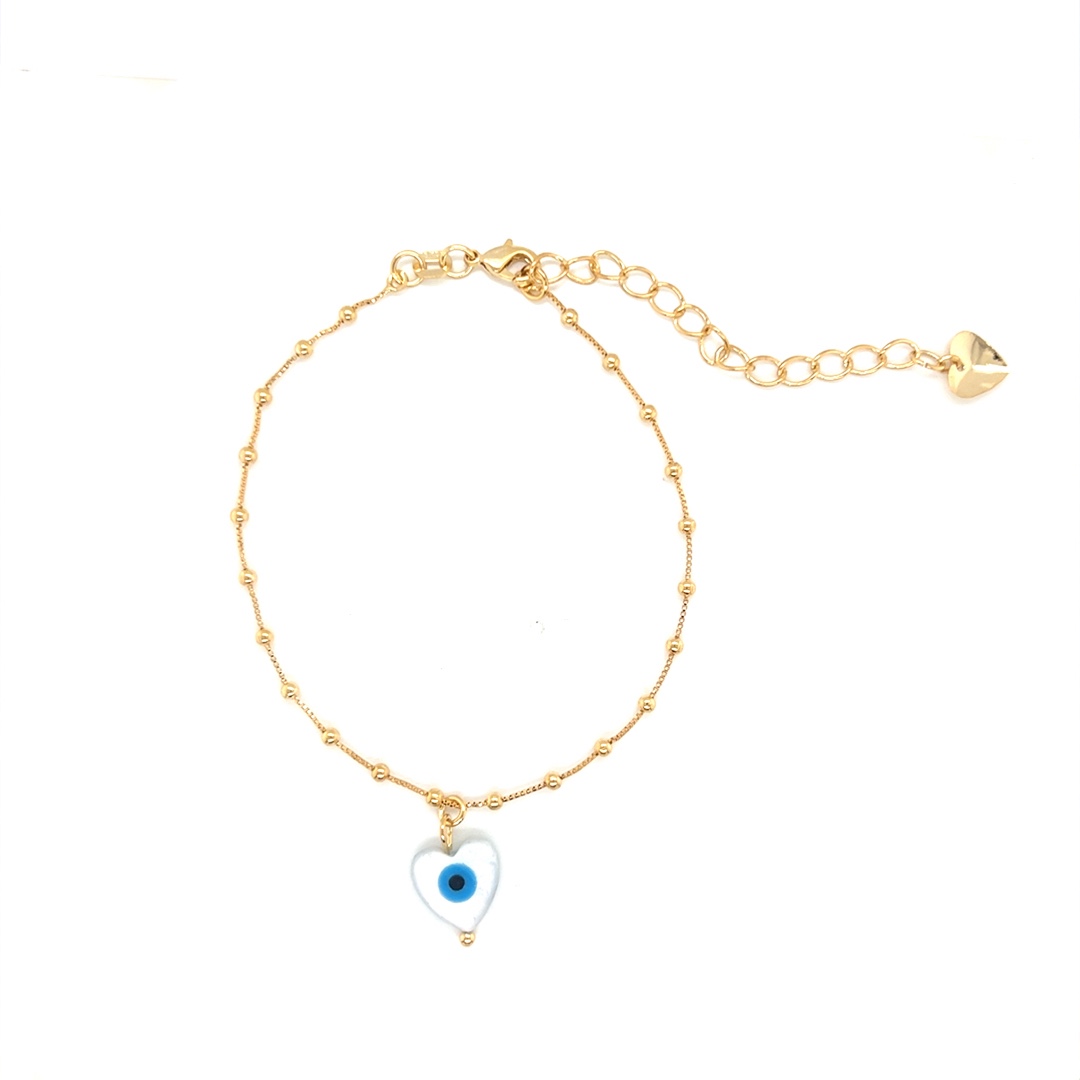 Box Ball Bracelet with Dangling Evil Eye Heart - Gold Filled