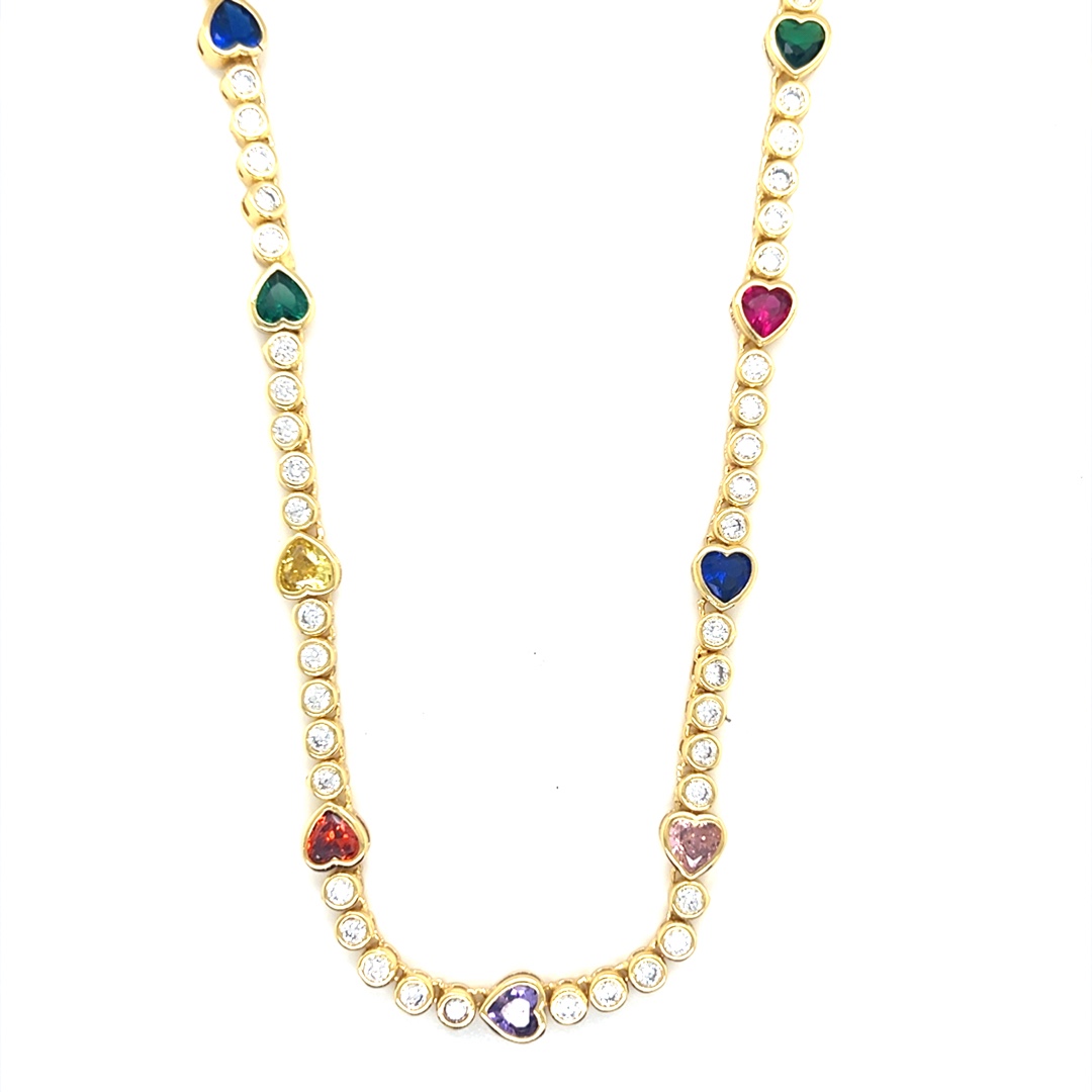 Multicolor CZ Heart Tennis Necklace - Gold Plated