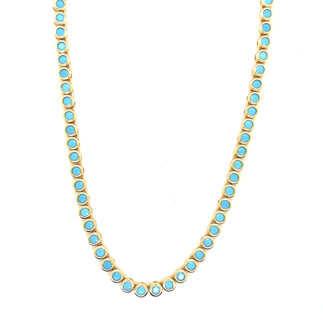 Blue CZ Round Tennis Necklace - Gold Plated